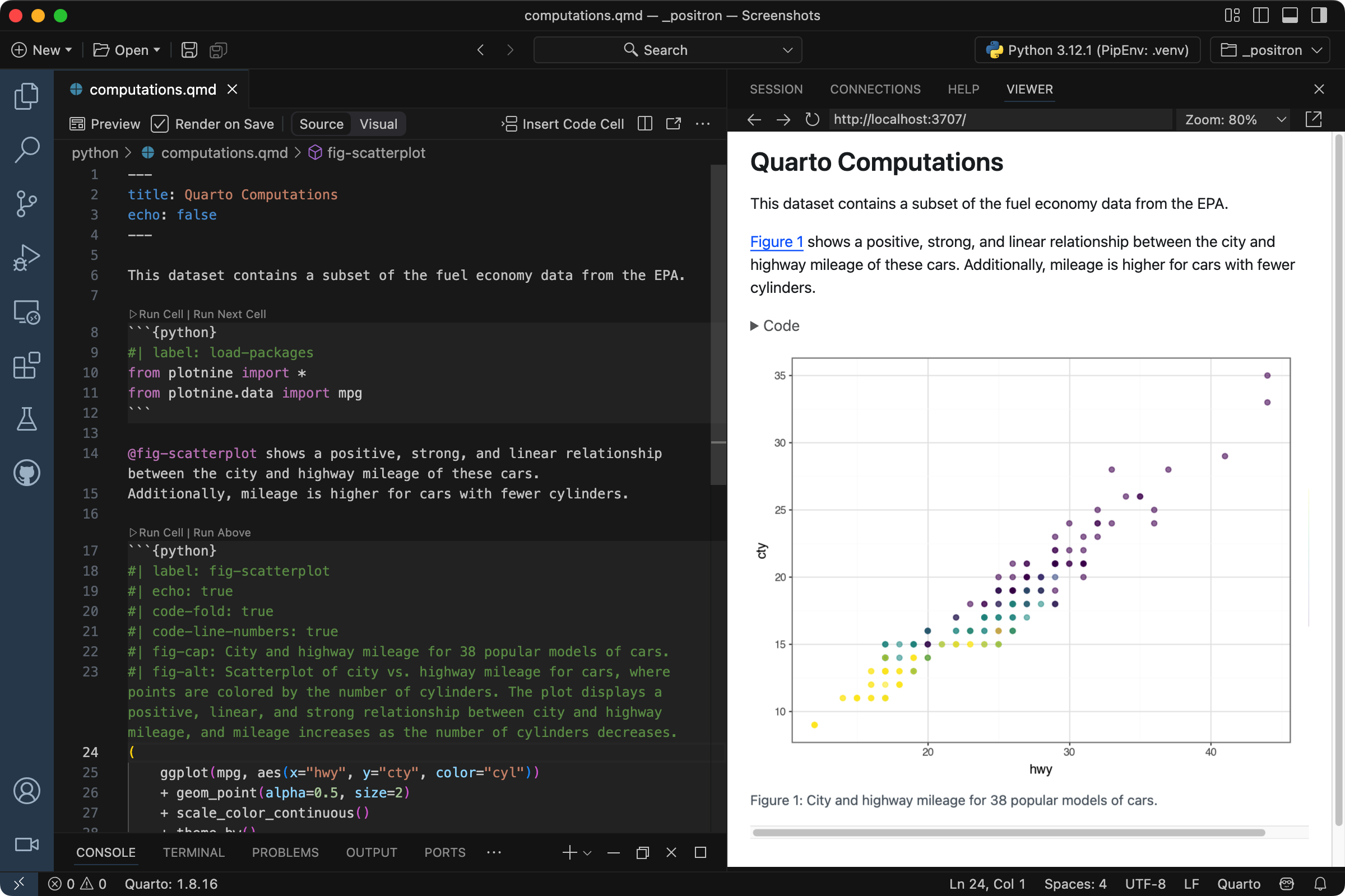 Positron with computations.qmd open. On the left is the Editor. Compared to earlier images on the page, the code cell shows the added fig-cap and fig-alt options. On the right is the rendered version of the document. Below the figure is a caption.