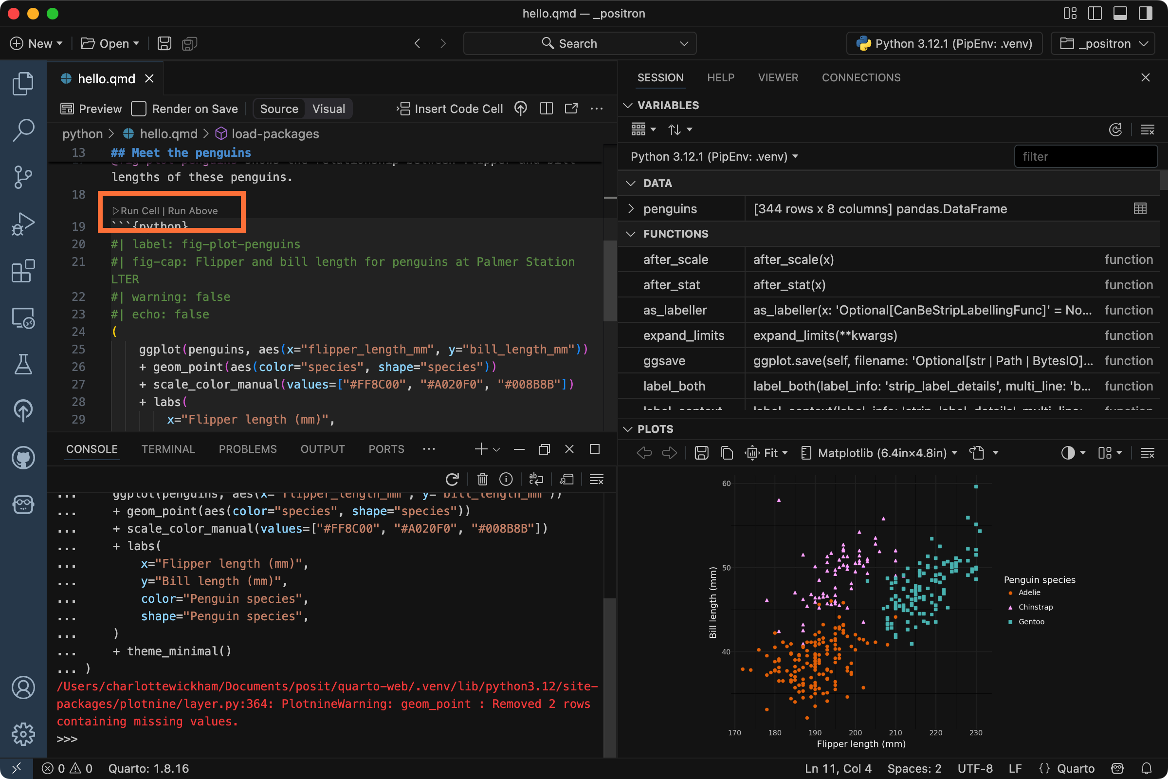 A Positron session with hello.qmd open in the Editor. An orange box highlights the button 'Run Cell' above a code cell with the label plot-penguins. The Console shows an executed line of code ending in theme_minimal() and the Plots pane shows a scatterplot of penguin flipper and bill length.