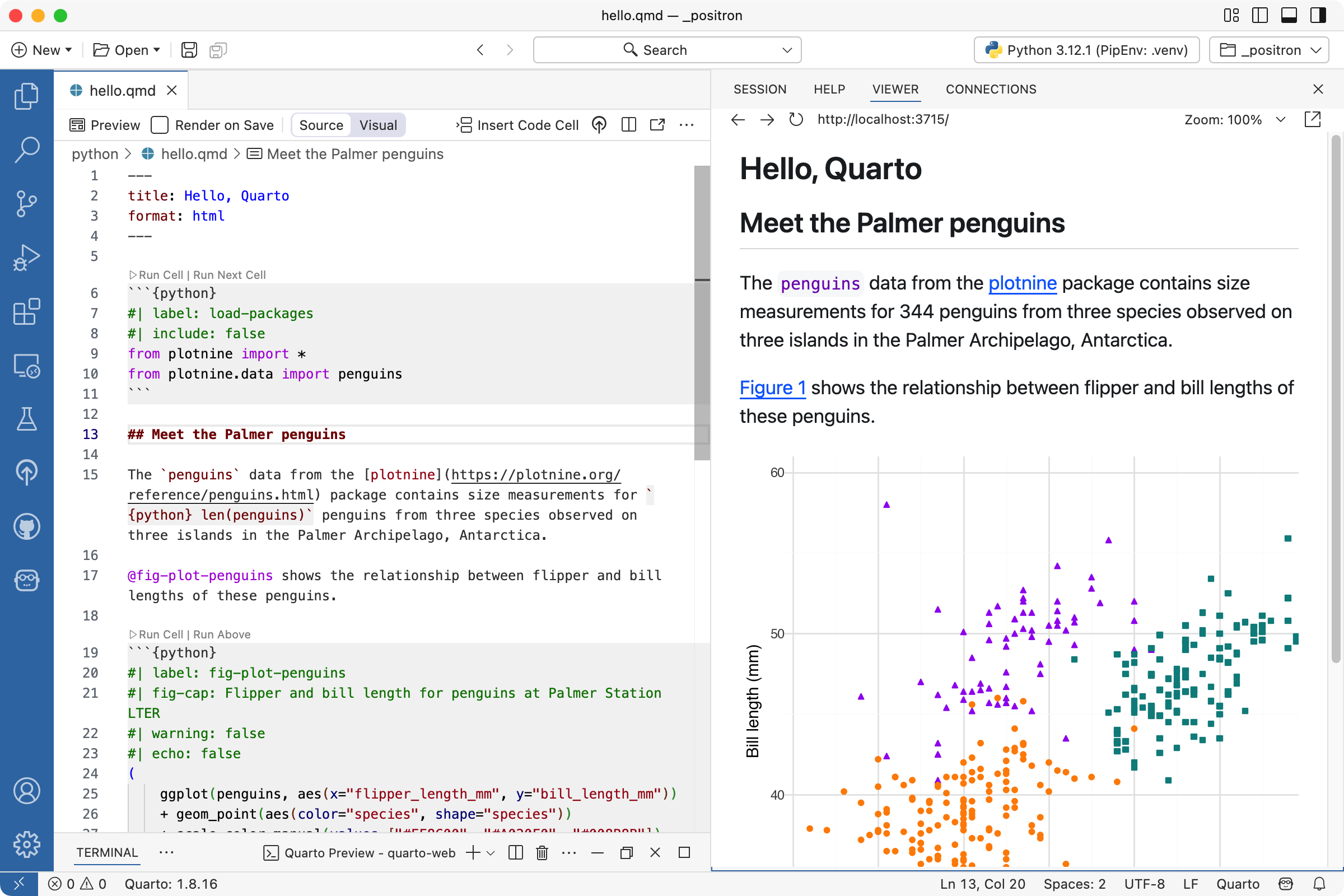 Positron with hello.qmd open in the Editor, and a preview open in the Viewer. The Editor shows a markdown section updated to 'Meet the Palmer penguins', the Viewer shows the same updated section title.