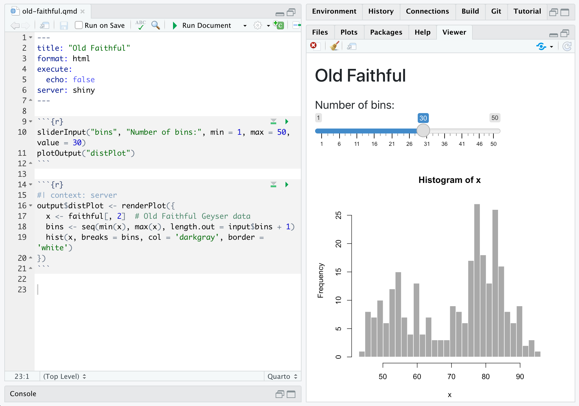 RStudio with old-faithful.qmd open in the editor and the Run Document button on the editor toolbar. The Viewer pane shows the rendered document with the Number of bins slider and histogram.
