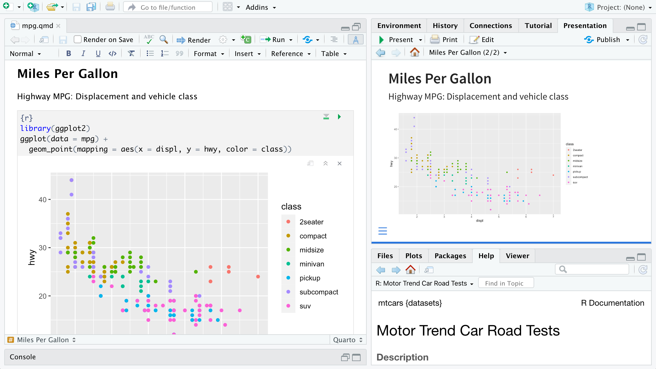 Screenshot of RStudio's Presentation pane. The source editor on the left has R code for a ggplot2 scatterplot of highway mpg versus displacement; the rendered slide preview with the same plot is on the right.