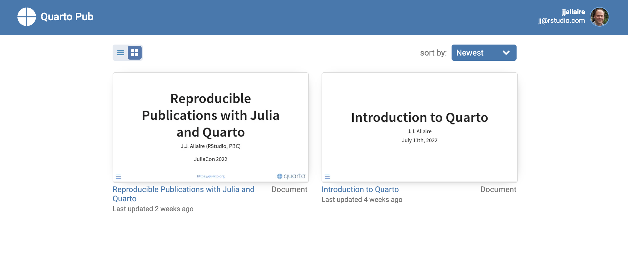 List of published sites on Quarto Pub, each shown as a card with a title and last updated date, with a sort-by menu above them.