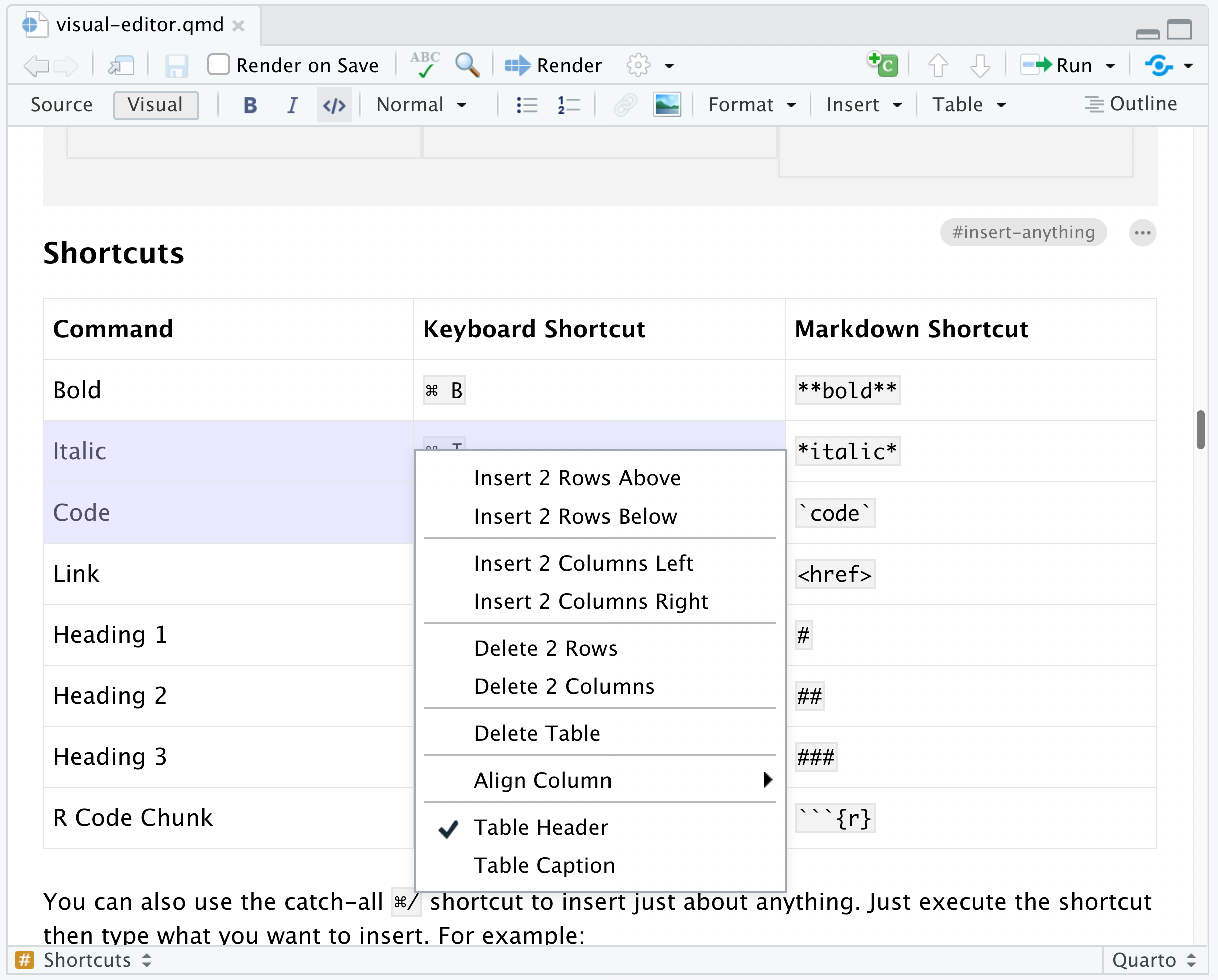 A right-click context menu on a table, with options to insert or delete rows and columns, delete the whole table, align a column, and toggle the table header and caption.