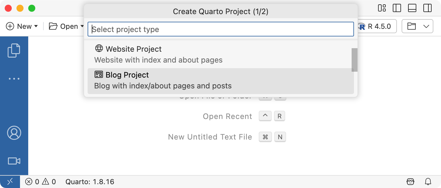 Create Quarto Project prompt in Positron, with Blog Project selected in the project type list.