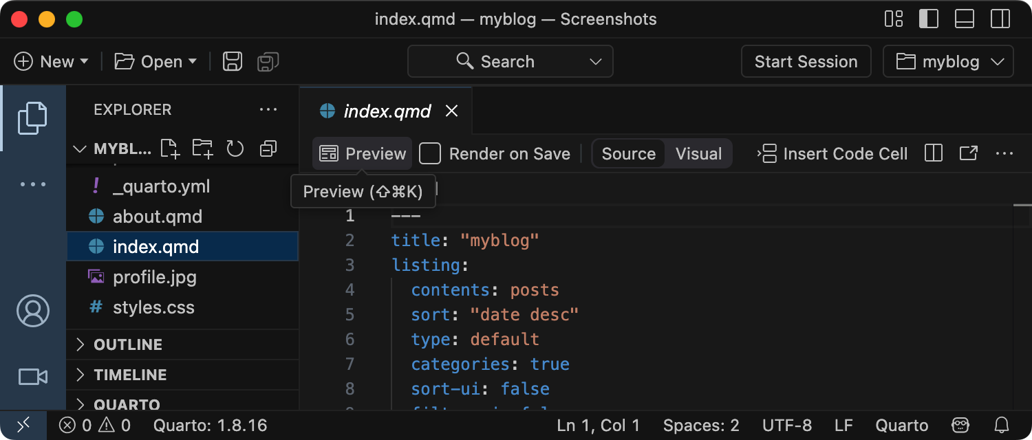 The new blog project open in Positron, with index.qmd in the editor and the Preview button in the editor toolbar highlighted.